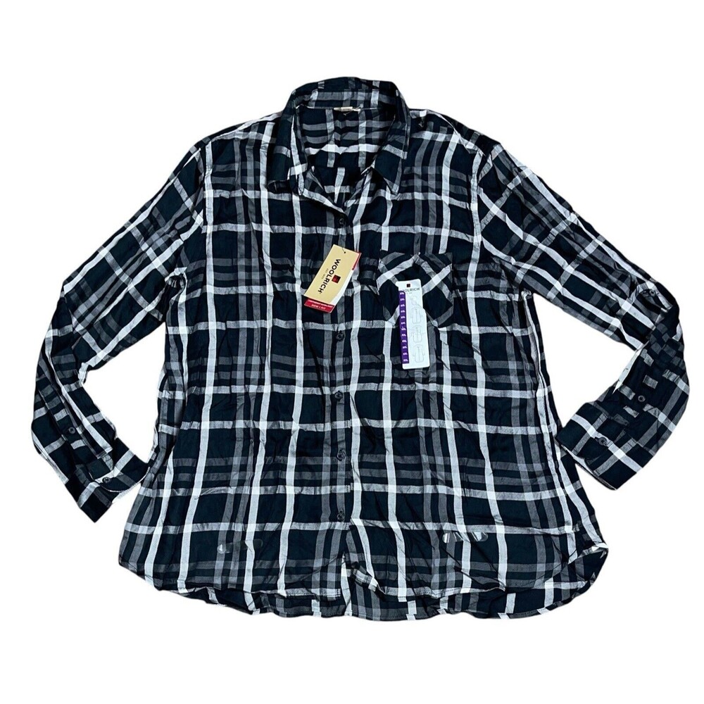 Woolrich Shirt Womens 2XL XXL Black White Plaid L/S Lightweight Rayon Button Up